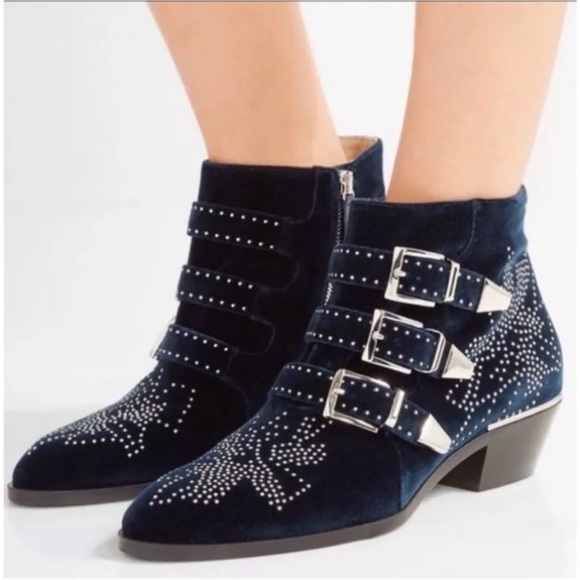 Chloe Susanna Studded Booties in Navy Velvet - Picture 1 of 6